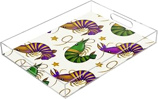 Clear Acrylic Tray with Handles Mardi Gras Shrimp Carnival Green Purple Gold Acrylic Cookie Tray 12x16 inches Waterproof Home Decor