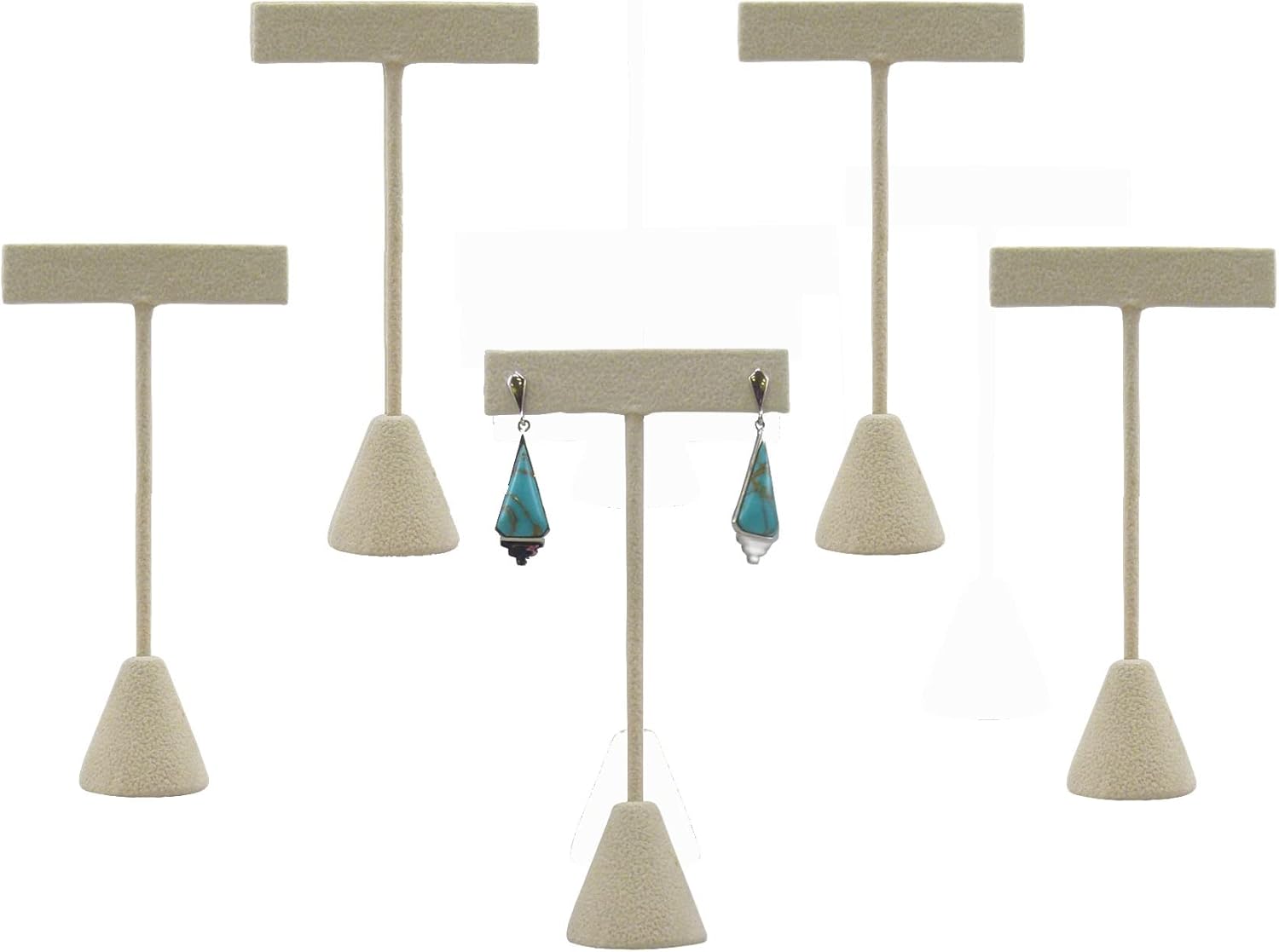 N’icePackaging 6-Pack 5.75" Tall – Beige Faux-Suede Free-Standing Earring T-Stand Display – T-Shape for Business Home Sales Showroom and Tradeshow – Pre-drilled