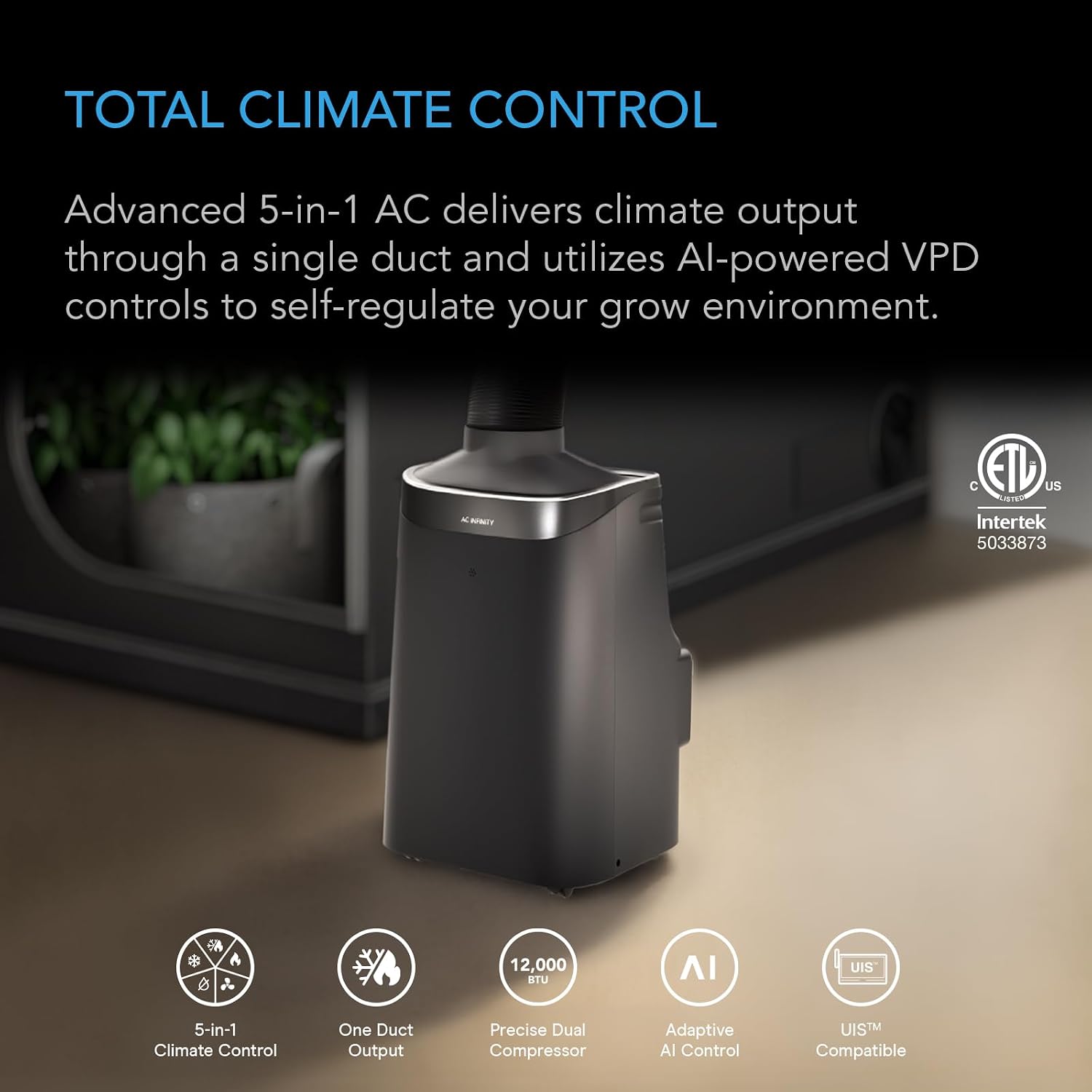 AC Infinity TERRAFORM 8, Plant Air Conditioner, Heater, Dehumidifier, Smart VPD Control, Auto-Switch Cool and Heat from Single Duct, for Grow Tents and Rooms, 12000 BTU