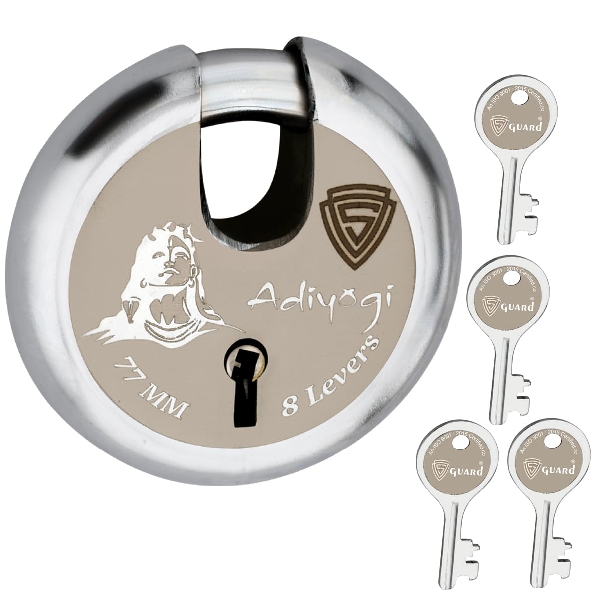 S-GUARD Iron Heavy Duty Shutter Manual Locks For Shop|, Main Gate| Main Door| Godowns| Offices| Warehouse| Trucks- Silver,Laser Print Design (ADIYOGI-77MM-8 Lever)