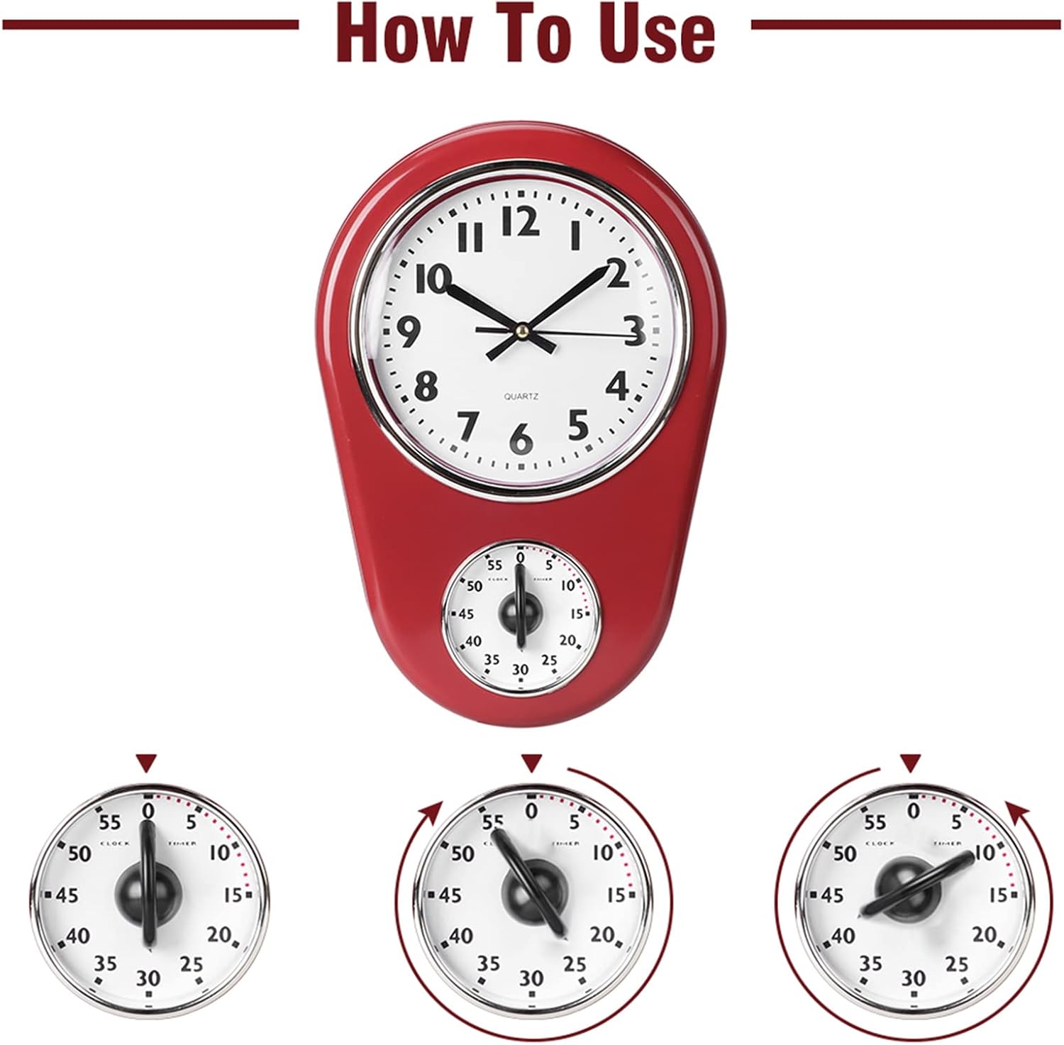 Vintage Wall Mounted Clock with Countdown Bell Ring, Silent Sweep Movement Big Watch Hanging Clock, Large Display Home Kitchen Timer Battery Operated for Living Room Decor