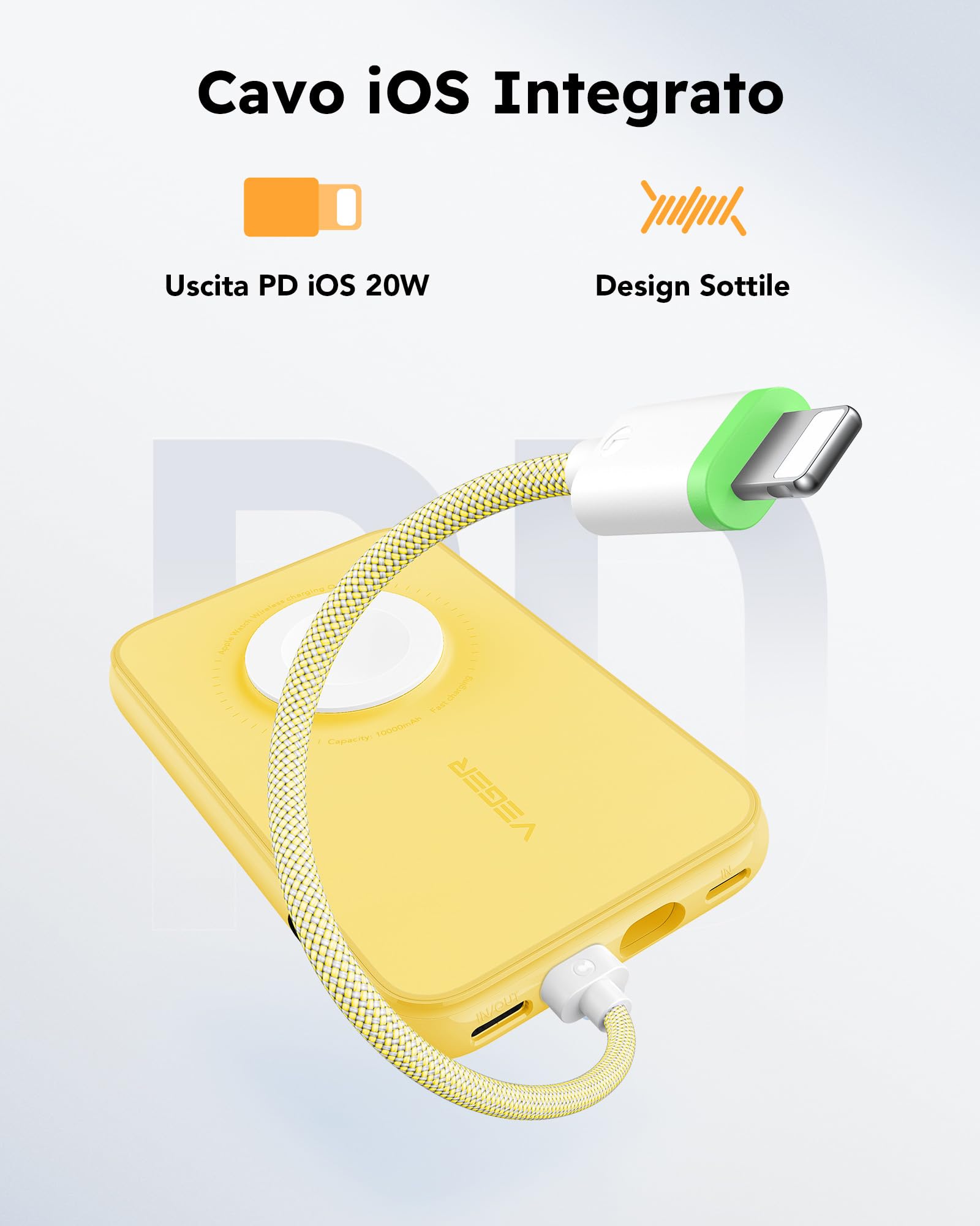 VEGER Power Bank 10000mAh con Cavi Integrati compatibile con iPhone Apple Watch, 20W PD Ricarica Rapida Mini Powerbank USB C Batteria Esterna 4 Ingressi e 3 Uscite con LED Display