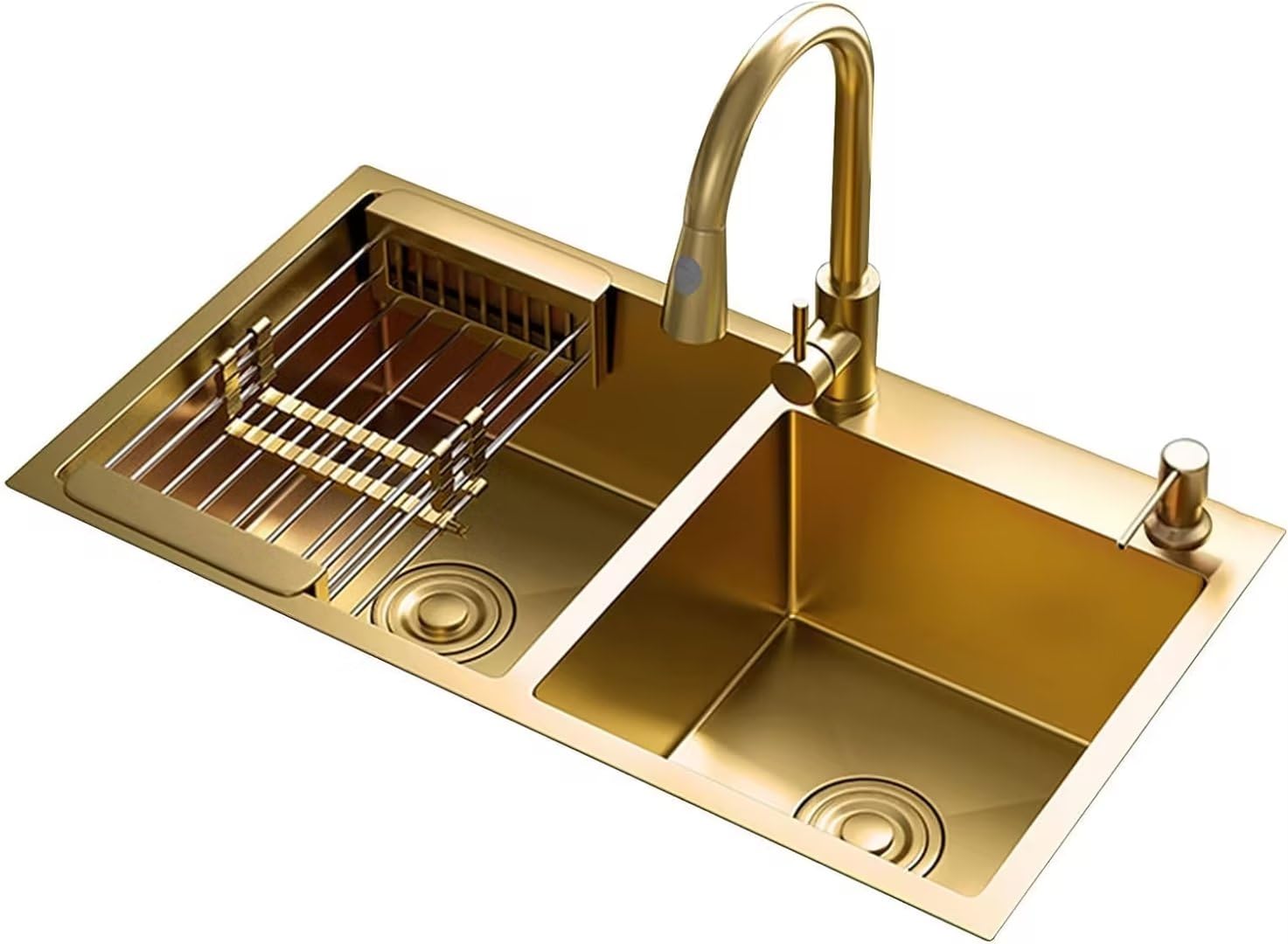 Aioneer Home Kitchen Double Sink Handmade Double Sink 21Cm Deep Sink Stainless Steel Sink With Faucet & Soap Dispenser-72-40cm Gold