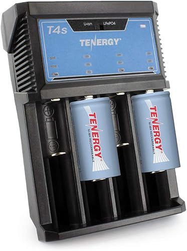 Tenergy Baterías recargables NiMH C y cargador de batería T4s para baterías de iones de litio/NiMH/NiCd AA/AAA/C/18650, paquete de 2 celdas de