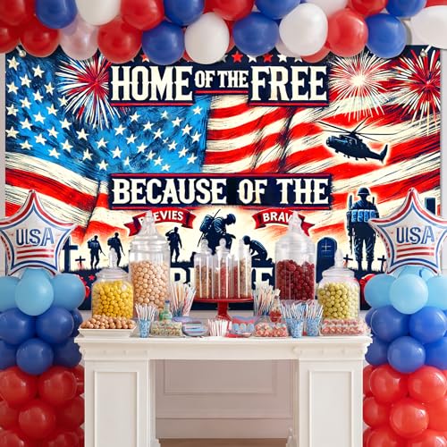 Image of BlissYard 4th of July Banner 71 x 43 Inches Patriotic Decorations Home of The Free Because of The Brave Backdrop American Flag Fireworks Banner for Outdoor Memorial Day Veterans Day Party Decor Photo Studio Booth