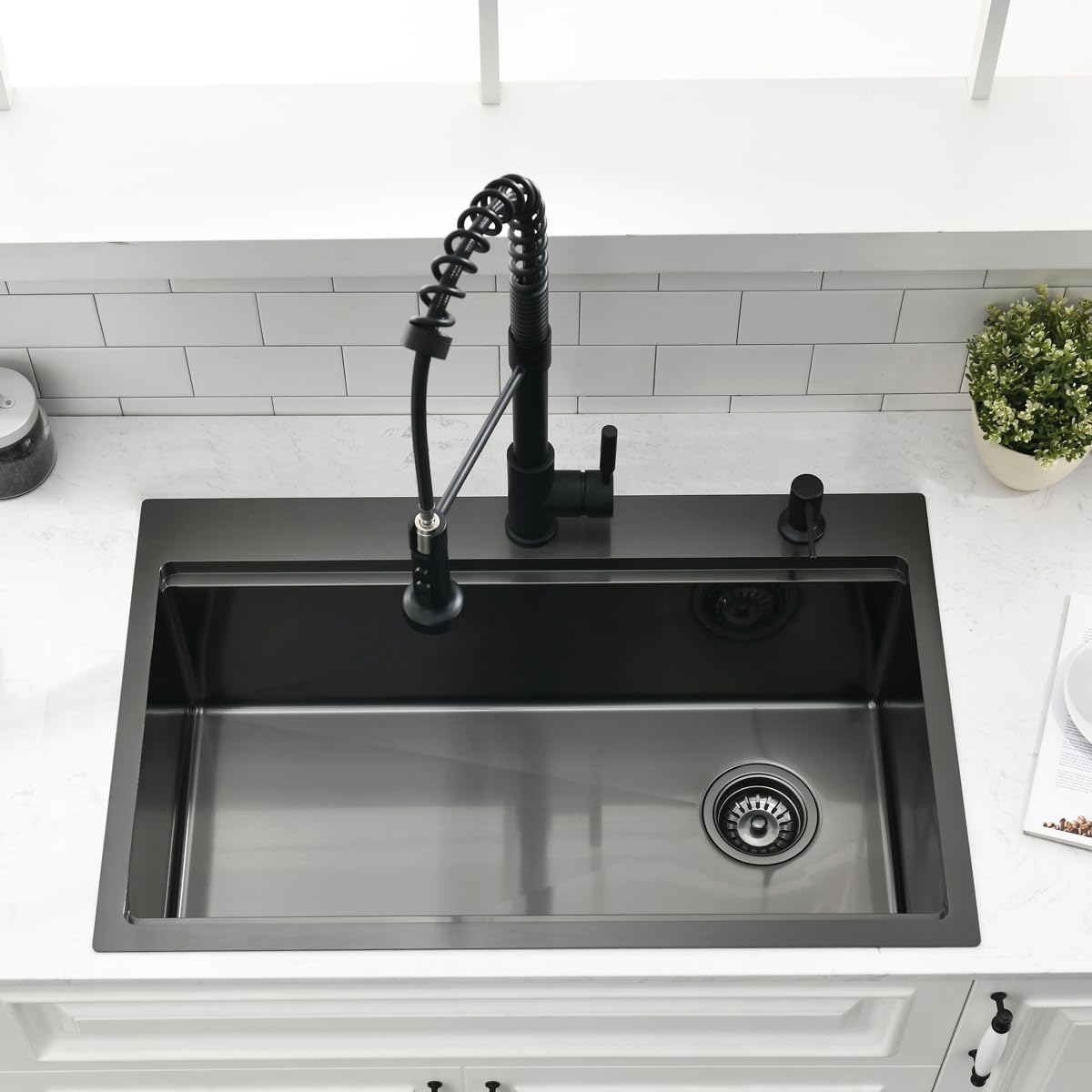 30 Inch Black Drop In Kitchen Sink Workstation - SZBAQTM 30x19-Inch Drop In sink Stainless Steel Single Bowl 10'' Deep Handmade Top Mount Sink with Cutting Board& Strainer