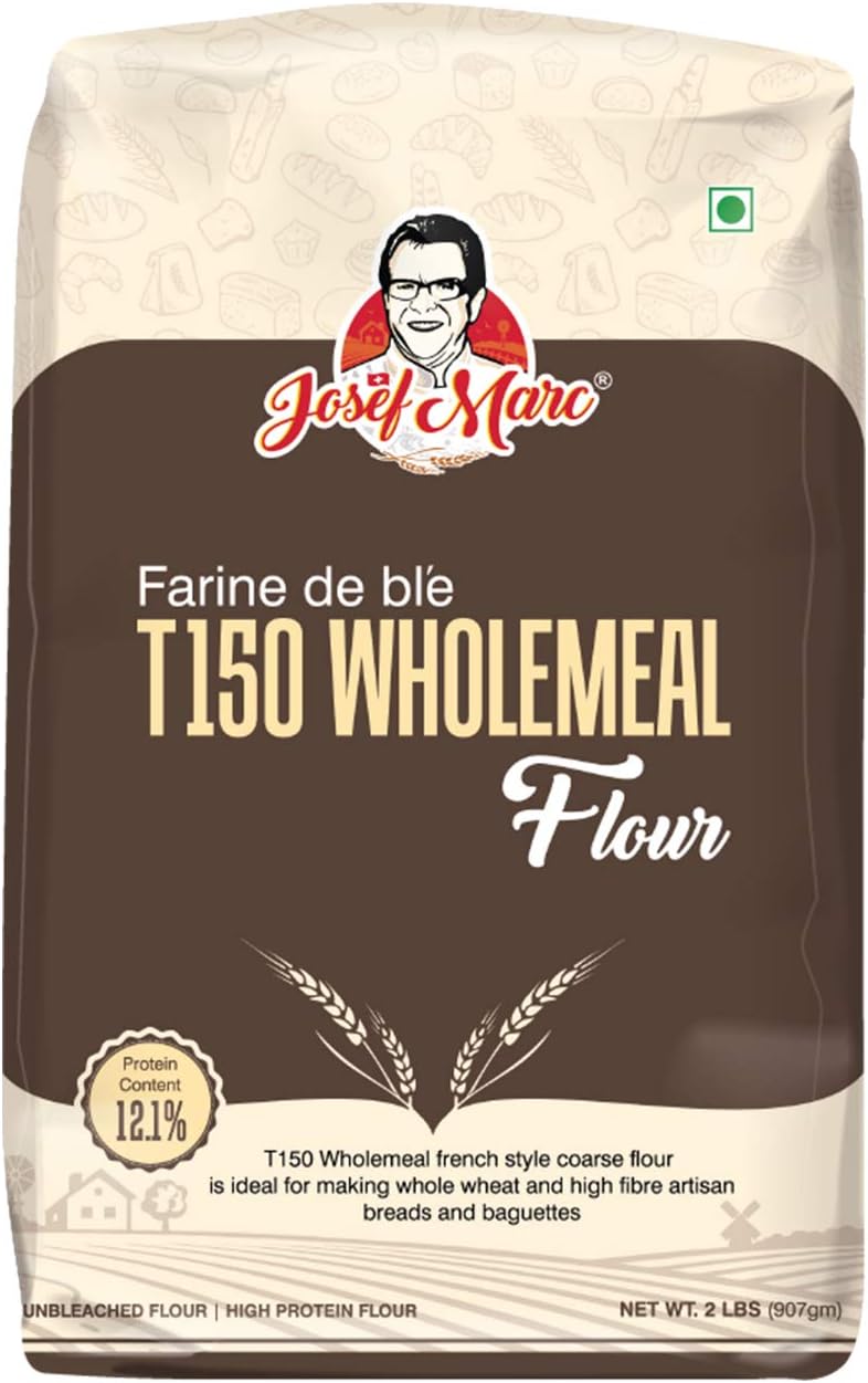 JOSEF MARC Farine De Bl'e T150 Whole Meal Flour, 2 LBS (907g) - Unbleached & High Protein Flour, Fine Ground Whole, Unbleached Wheat Flour & High Protein Wheat Flours