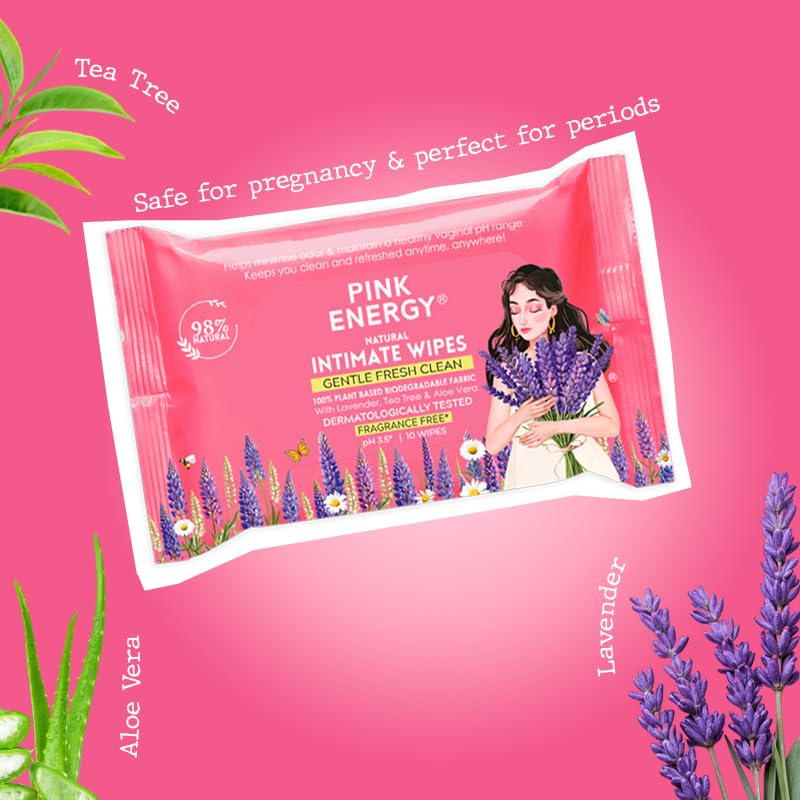 Pink Energy Intimate Wipes Combo Pack of 3 | pH-Balanced, Naturally Scented | Biodegradable Feminine Wipes | Odour Control | 30 Wipes Total | Lavender and Tea Tree 3