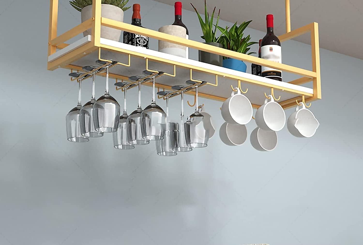 吊り天井棚 金属製天井ボトルラック、吊り下げワインラック、ヴィンテージディスプレイワインストレージホルダー、ステムウェア付きガラス棚