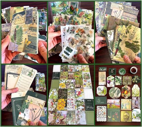 Image of 346Pcs Paper Vintage Aesthetic Scrapbook Kit Scrapbooking Supplies Kit With Bullet Junk Journal, Stationery, Washi Stickers A6 Grid Notebook Journaling Gift For Girl (Green Botanical)