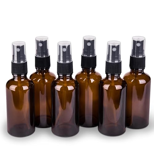 Paquete de 6 botellas de spray de vidrio ámbar para aceites esenciales, botella pequeña de 2 onzas de niebla fina vacía de viaje para cabello y