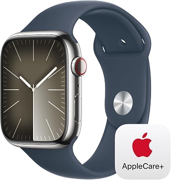 Apple Watch Series 9 [GPS + Cellular 45mm] Smartwatch with Silver Stainless Steel Case with Storm Blue Sport Band M/L with AppleCare+ 2 Years