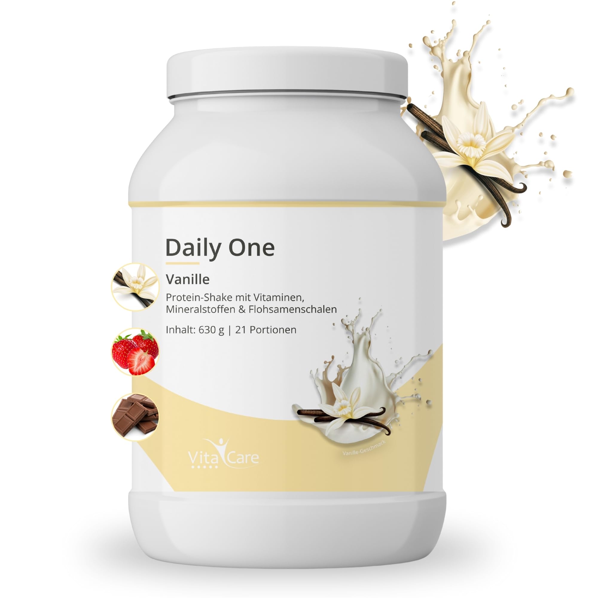 VitaCare Daily One Protein-Shake Vanille, 630g Whey Protein-Pulver mit Flohsamenschalen-Pulver, proteinreiches Fitness Nahrungsergänzungsmittel