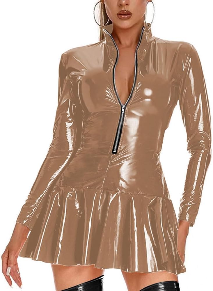 Womens Mini Pleated Skirts Dress Shiny PVC Leather Bodycon Zipper Stand Up Collar A-Line Flared Skater Dress