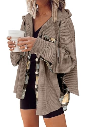 SHEWIN Womens Waffle Knit Shacket Button-Down Shirt Hooded Jacket Plaid Shirt Blouses Loose Long Sleeve Tops 2025 Fall Fashion Outfits Brown M