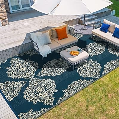 wikiwiki Outdoor Rug, 5x8ft Waterproof Reversible Mat Indoor Outdoor Rugs Carpet, Small Area Rug Plastic Straw Rug for Patio Deck Balcony Pool RV Camping Beach Picnic, Blue & Beige
