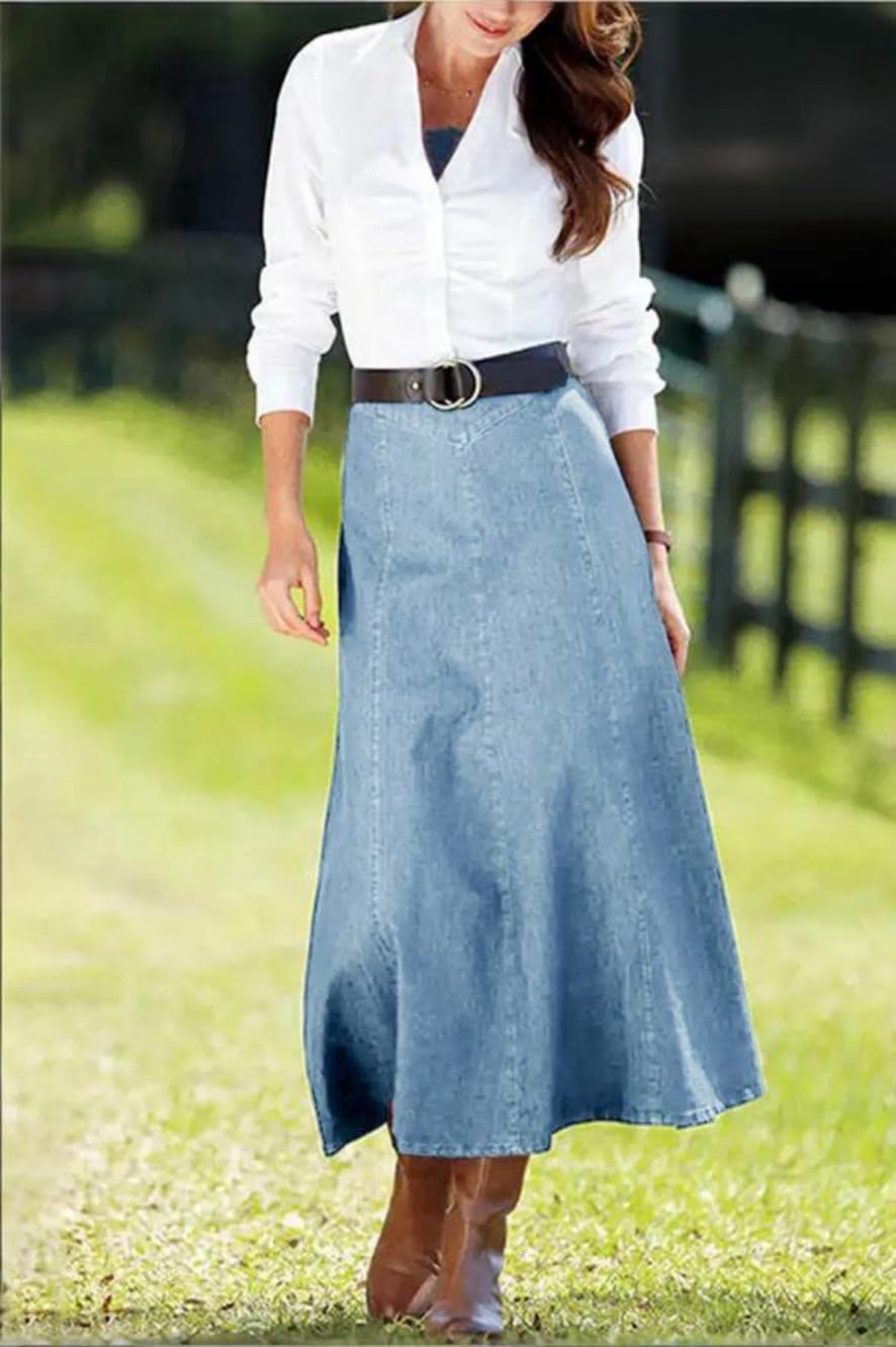 yoeasy Women's Vintage Denim Maxi Skirt Casual High Waist Flowy Swing A-Line Long Jean Skirt - Image 2