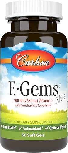 Carlson - E-Gems Elite, 400 UI de vitamina E con tocoferoles y tocotrienoles, salud cardíaca y bienestar óptimo, antioxidante, 60 geles blandos