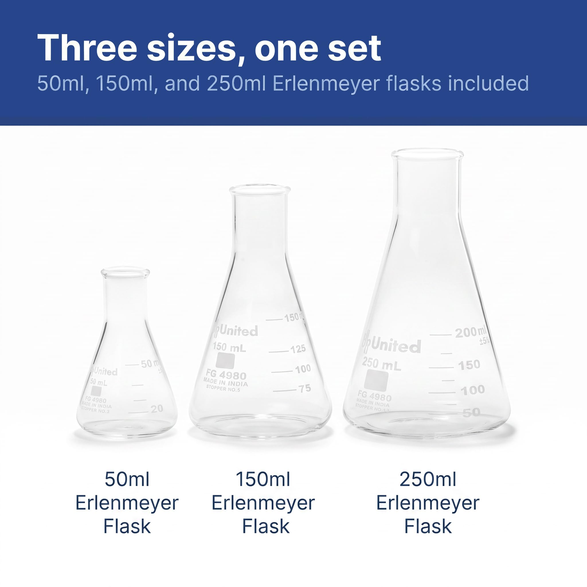 United Scientific™ Glass Erlenmeyer Flask Set, 50/150/250ml, Lab Glassware — Amazon image 4
