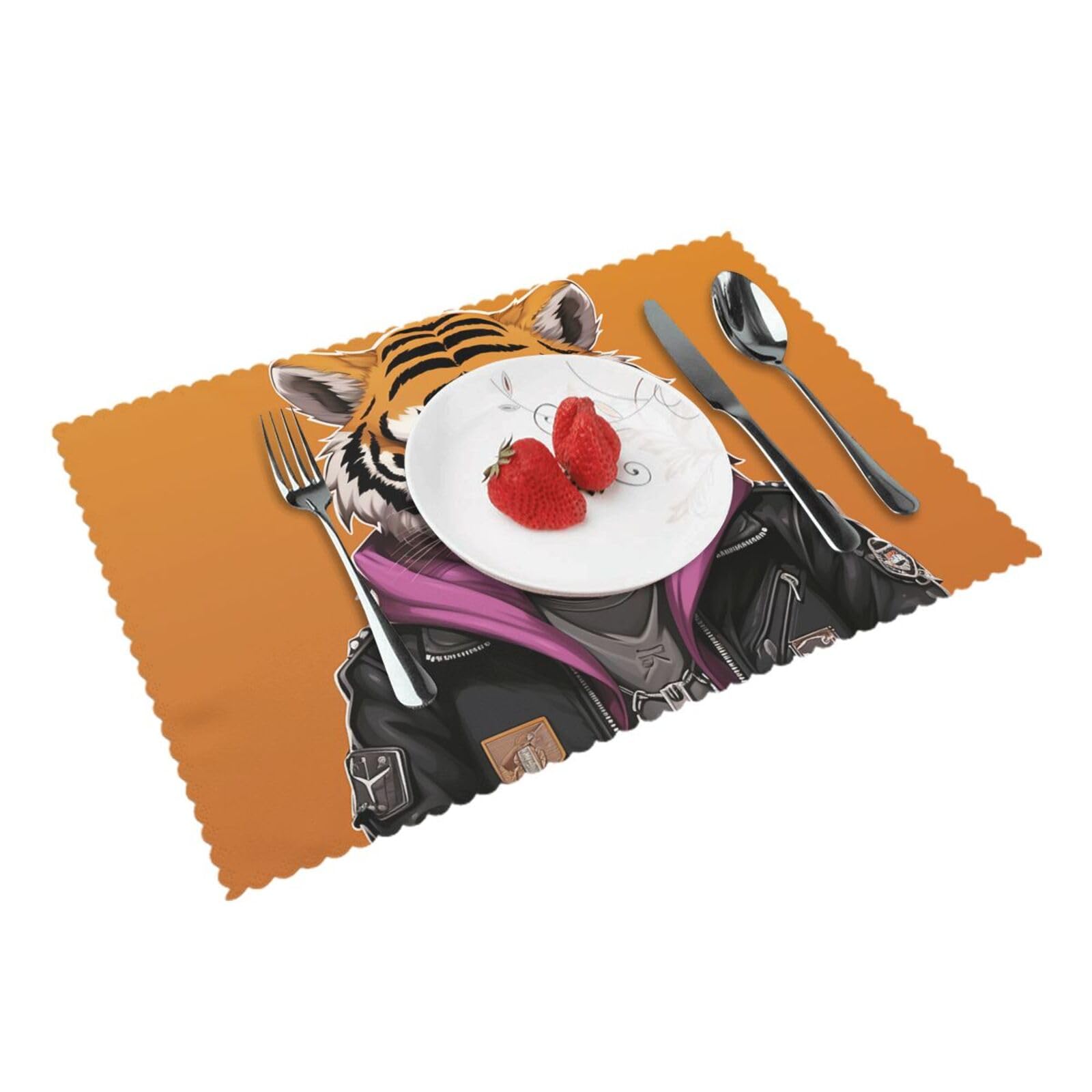 Placemats Set of 4 Heat Resistant Woven Place Mats for Dining Table Tiger in leather jacket Placemats Washable Wipeable PVC Table Mats Indoor/Outdoor Place Mats for Party Kitchen Decor 30x45 cm