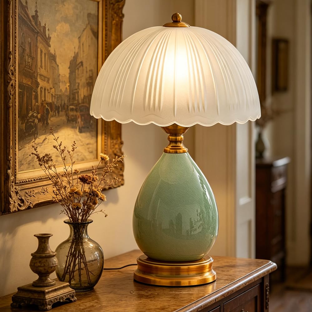 Lampada da tavolo moderna in ceramica, corpo lampada in ceramica, paralume in vetro, base in metallo, lampada da tavolo per soggiorno, adatta per camera da letto e soggiorno (Verde acqua)
