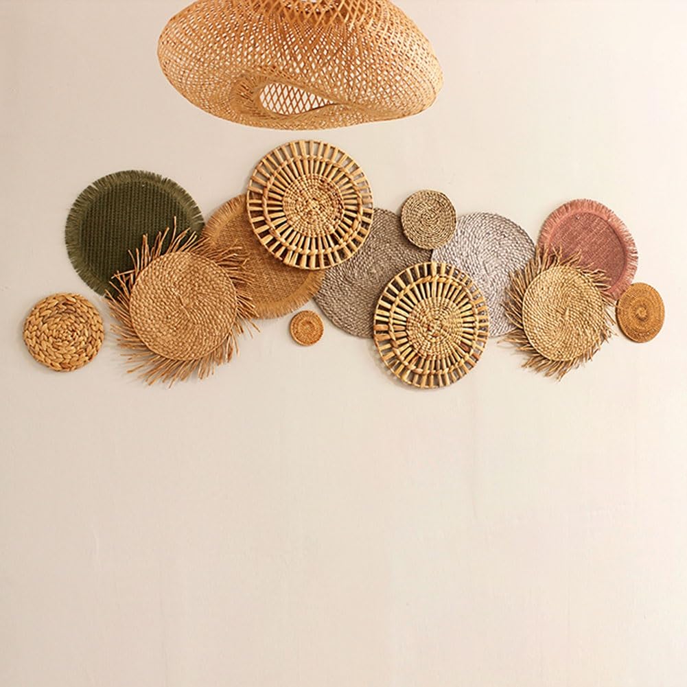 13er Set Boho Wandkorb Dekor, Korb Rustikal Rund Gewebt Hängende Kunst Handgefertigter Wandteppich, für Schlafzimmer Wohnzimmer Küche Bauernhaus