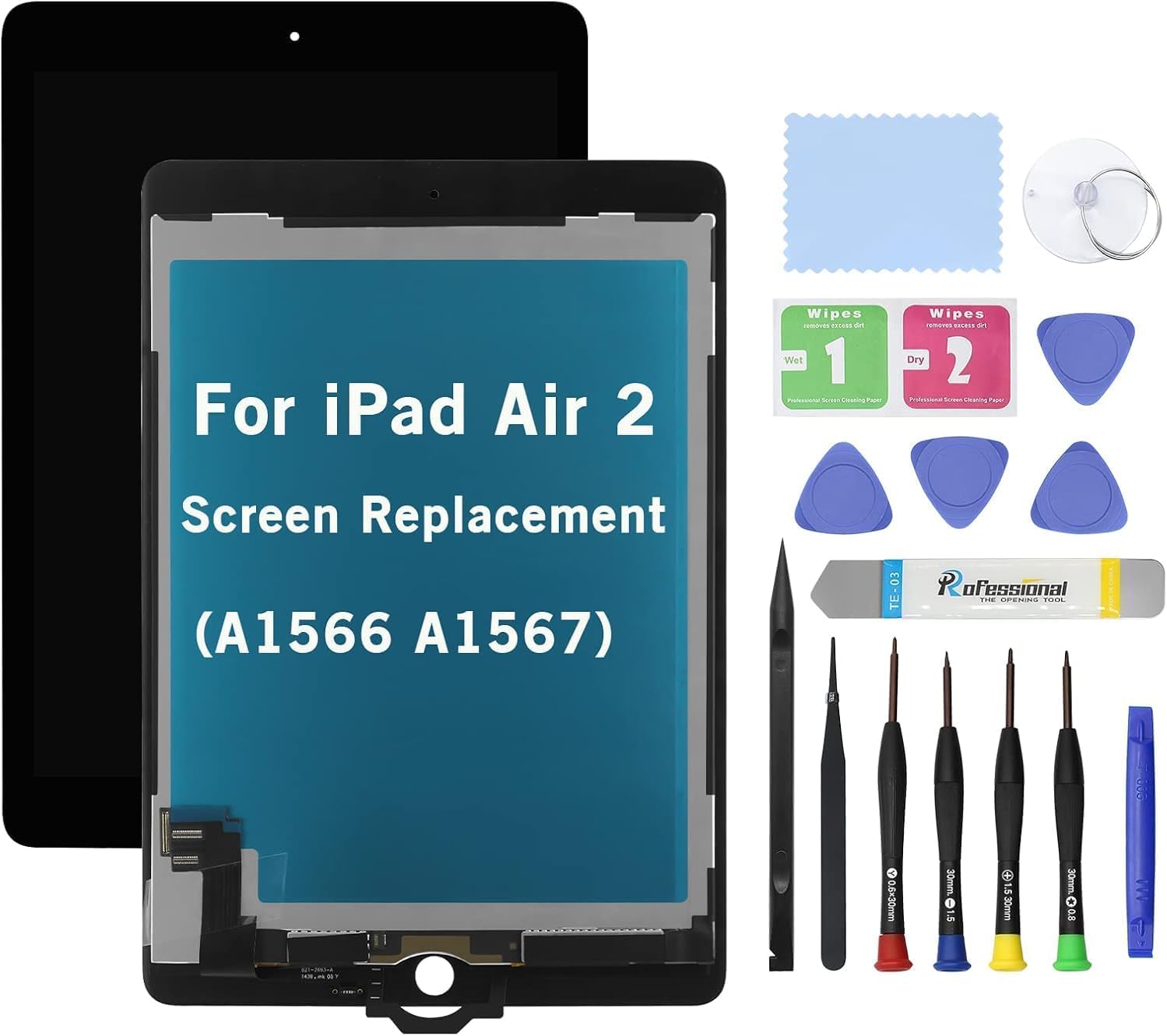 HOYRTDE Screen Replacement for iPad Air 2 (2nd Gen) Screen Replacement LCD and Glass Touch Digitizer Premium Kit (9.7", A1566 A1567) with Tools -