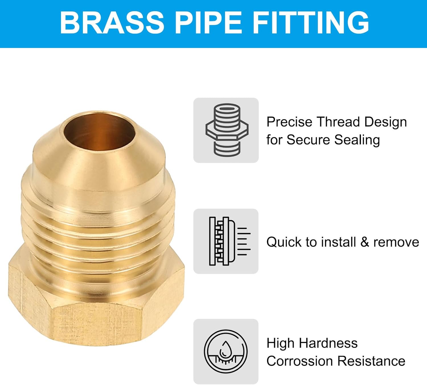 PATIKIL 5 Sizes Brass Flared Plug Set, 45 Degree SAE Seal Tube Fitting Hex Pipe Fittings for Refrigeration Gas Hydraulic (1/4", 5/16", 3/8", 1/2", 5/8" Tube OD)