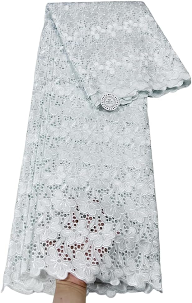 African Embroidery 100% Cotton Lace Fabric Swiss Voile Solid Dry Lace Fabric for Wedding Party Dress Sewing (White)