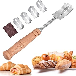 Lame Boulanger et 5 Pcs Lames, Couteau à Pain en Acier Inoxydable, Bois Pain Faisant Le Rasoir, Accessoire de Boulangerie