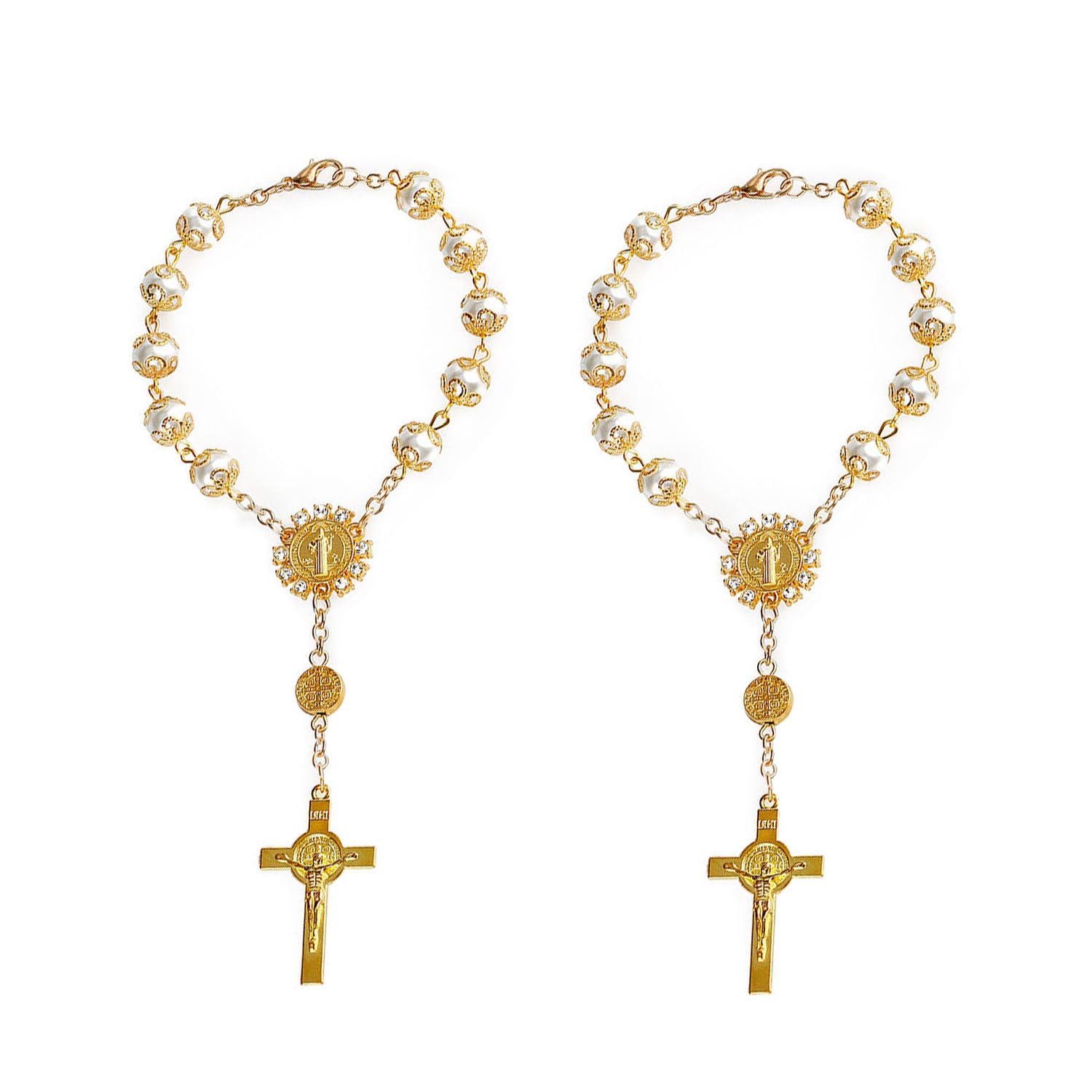 Gaomumu 2PCS Jesus Car Pendant, Alloy Cross Rosary Hanging Ornament for Rearview Mirror, Auto Interior Decoration & Gift, Car Accessories, Applicable to All Vehicles(Gold)