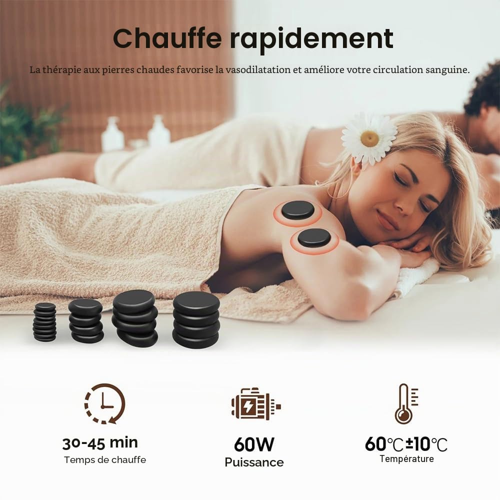 NEWFUM 20 Pierres de Massage Chaudes, Pierres de Massage Portables avec Chauffage pour Usage Domestique, Idéales pour le Spa, la Massothérapie et la Relaxation