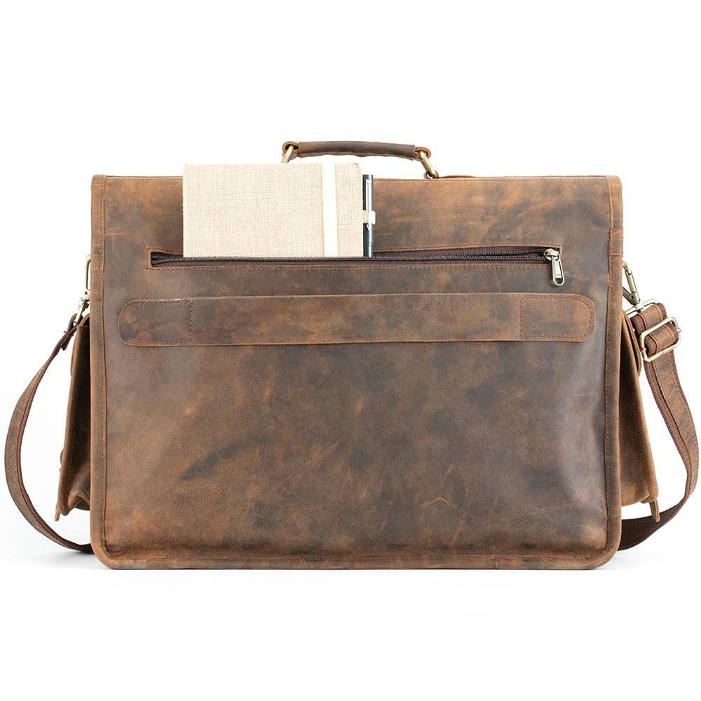 Ruzioon Leder-Kuriertasche für Damen und Herren, Leder, Laptop-Aktentasche, Ledertasche, für Büro und Business, braun, Large