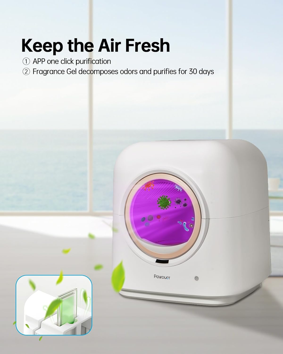 Image showing the litter box with a purple glow inside, representing purification, and a fragrance gel dispenser