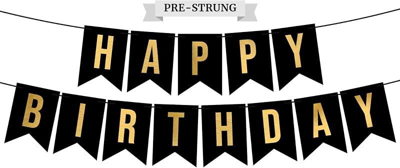 Pancarta de feliz cumpleaños preencordada – Pancarta de cumpleaños negra con letras doradas | Sin bricolaje - Pre-encordado en hebras de 8 pies - Decoraciones y decoración de fiesta de cumpleaños negras para hombres y mujeres