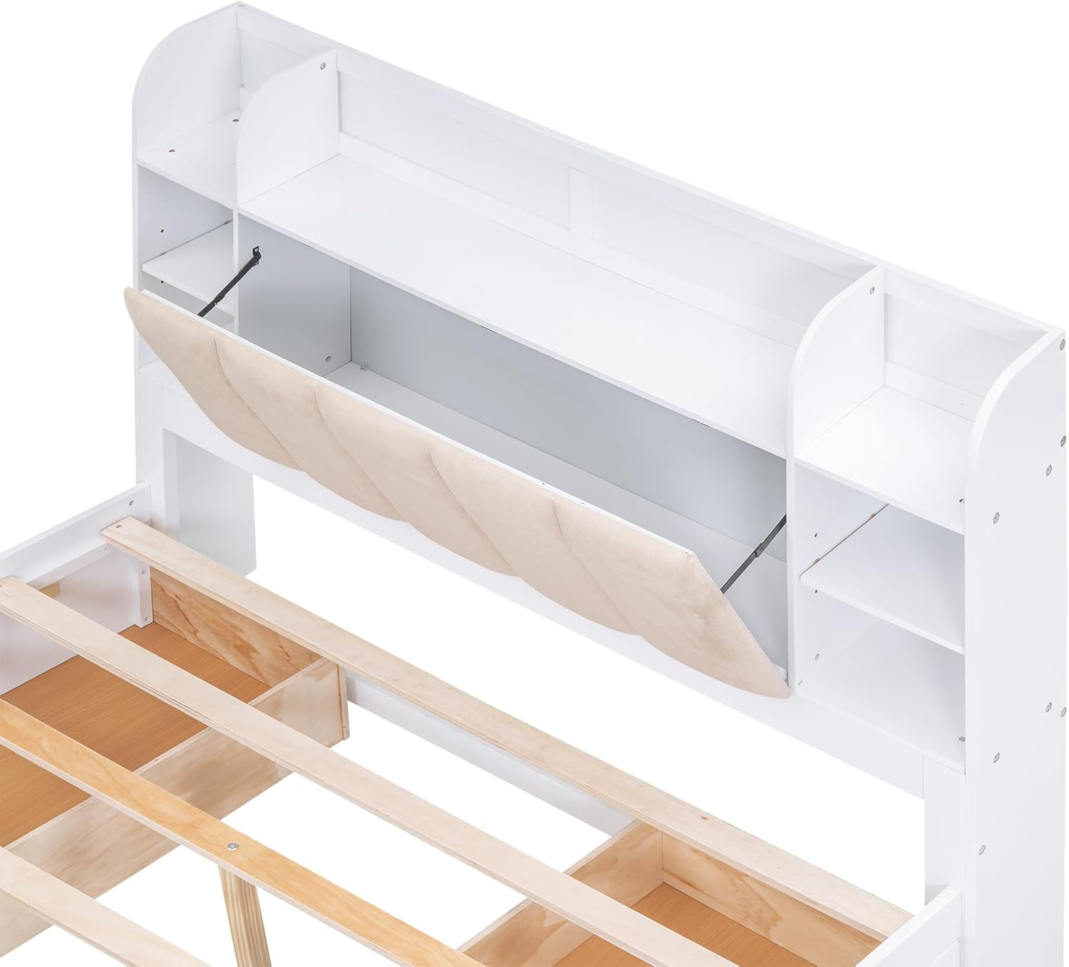 Headboard with the central upholstered panel lifted to reveal a hidden storage compartment.