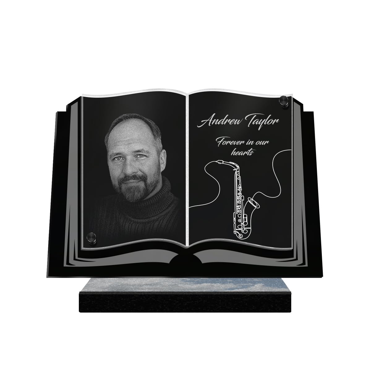 ETERNEL - Personalized Funeral Plaque Book Saxophone Customizable Photo and Text, laser-engraved funeral plaque for tribute, cemetery plaque, tombstone, ceremony, commemoration