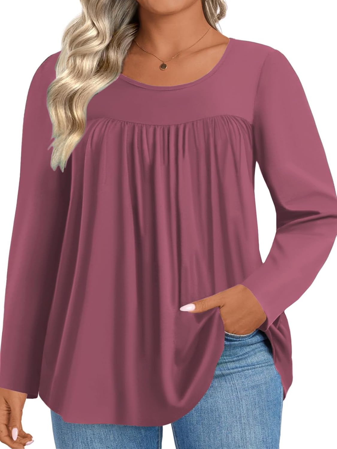 VISLILY Womens-Plus-Size-Tops Dressy Long Sleeve T Shirts Trendy Flowy Pleated Casual Crewneck Blouses Loose Tunics XL-5XL - Image 2
