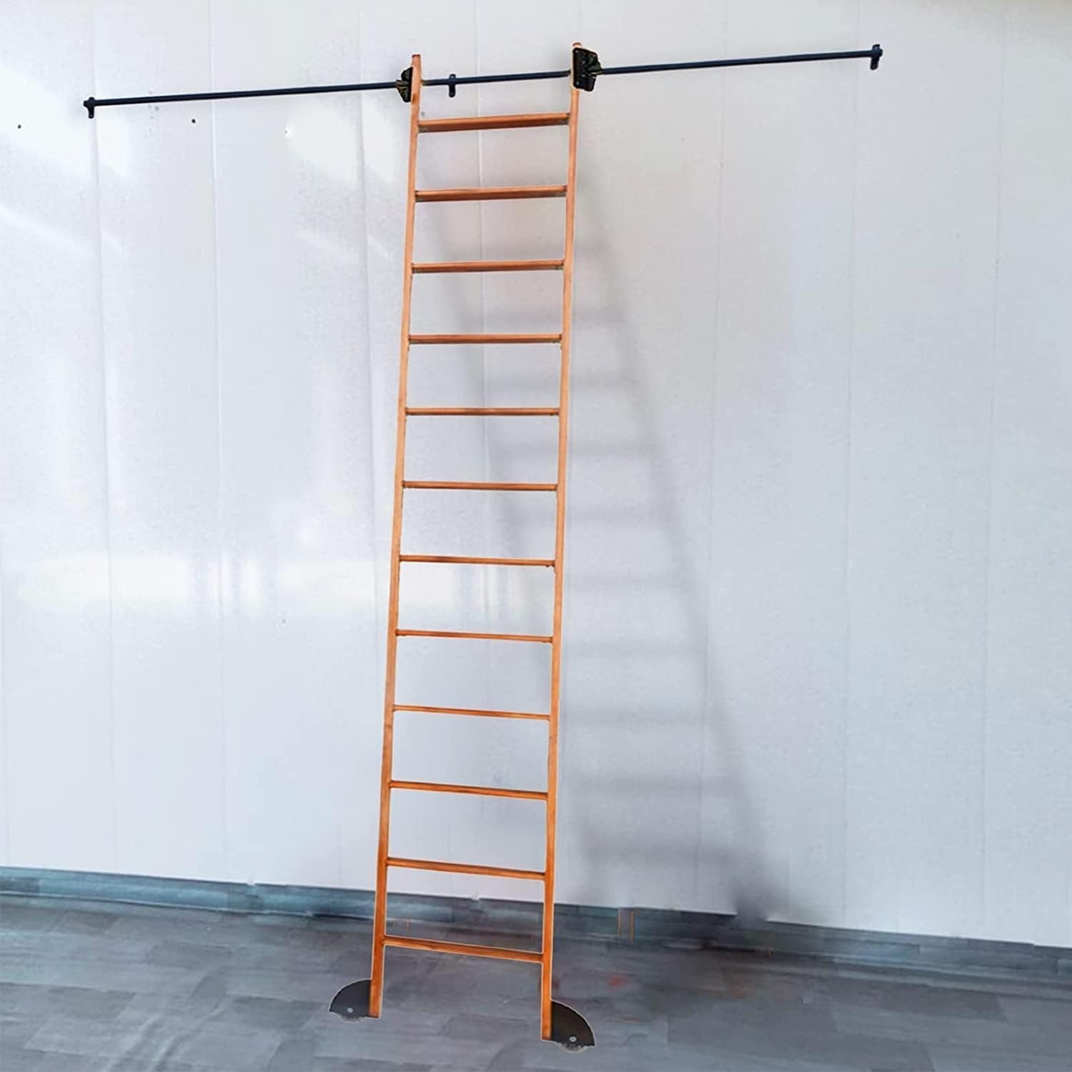 Black Round Tube Mobile Ladder Track (No Ladder) Sliding Library Hardware Rolling Full Set Hardware Track Kit, with Floor Roller Wheels (Size : 13ft/400cm Track kit)