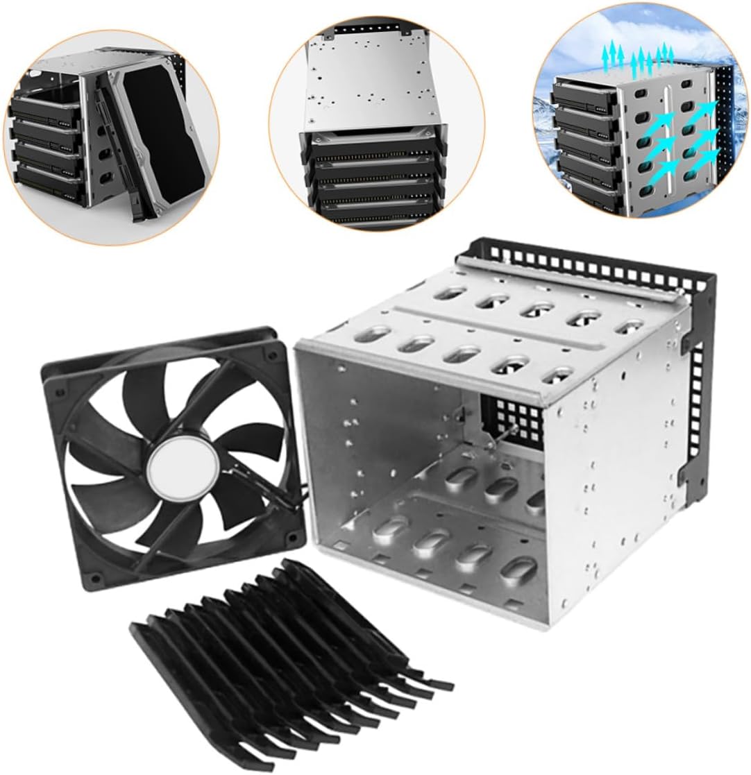 Zerodeko 5-inch Hard Drive Bracket with 5-Bay Rack and Cooling Fan, 5.25-inch Optical Drive Bay HDD Mounting Cage for Desktop Storage and Chia Hard Disk Accessories