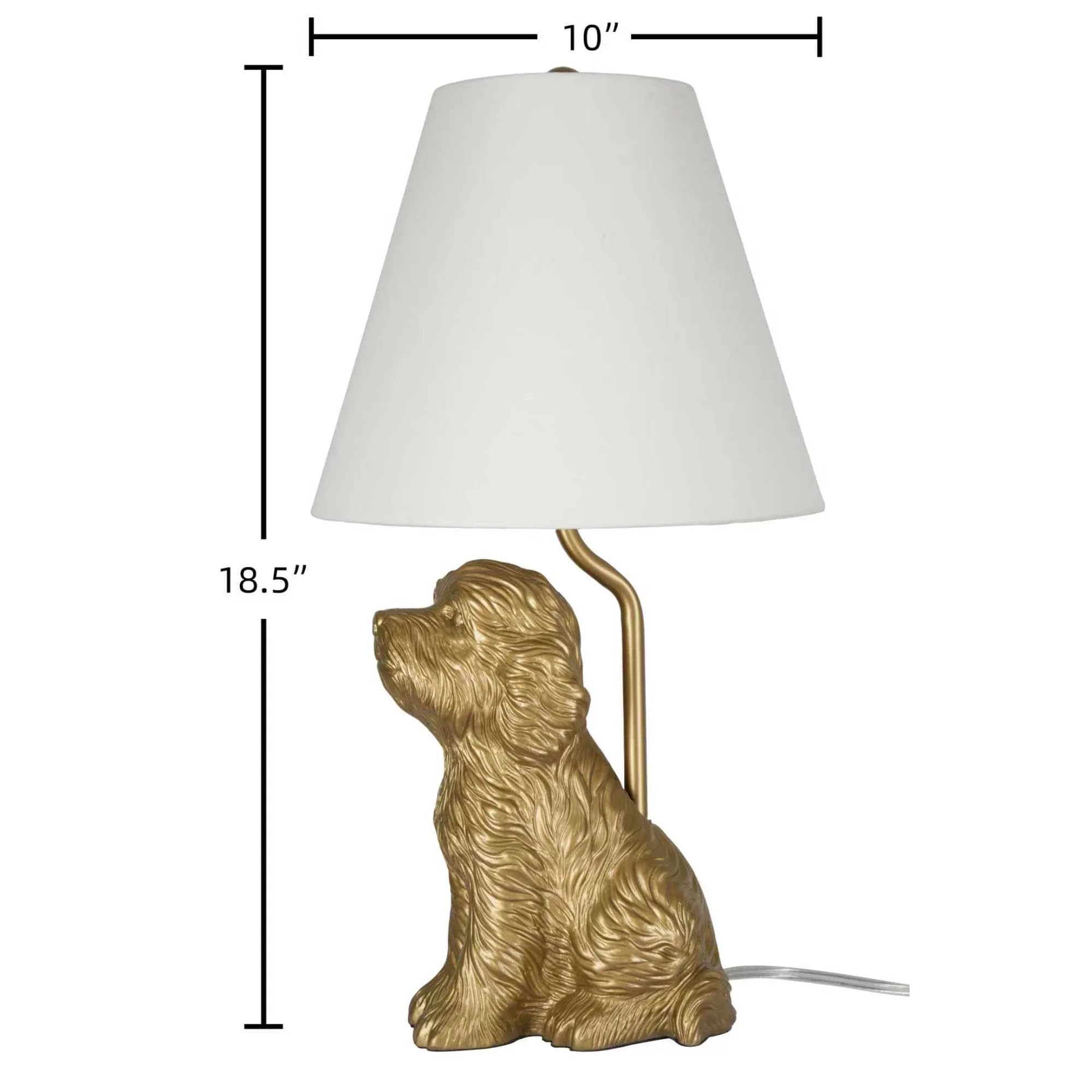 Condition photo showing New/Like New for Golden Doodle Table Lamp with Painted Gold Finish & Tapered Linen Shade, 18" H, Socket for Bedroom Nightstand or Living Room Decor Lighting