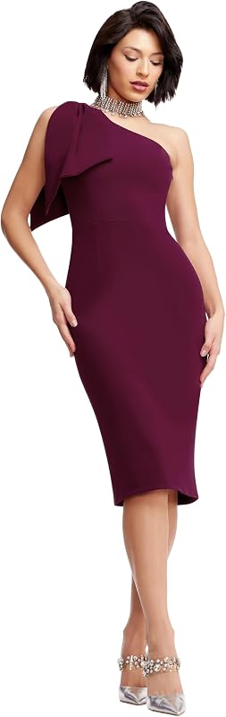 Dress the Population Womens Tiffany One Shoulder Bow Detail Midi Sheath Dress