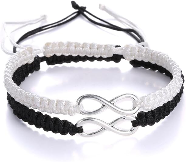 RINHOO 2PC/Set Stainless Steel 8 Infinity Couple Bracelet Braided Leather Rope Bangle Wrist Adjustable Chain Fit 7-9 Inch for Lover Friendship