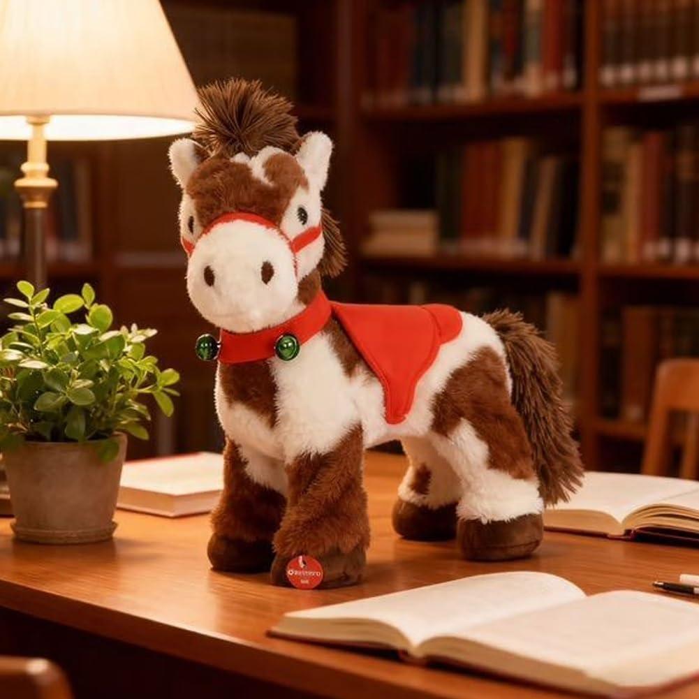 FONI Spotted Electric Plush Horse, Interactive Brown-and-White Spotted Pony with Joyful Neighing Sounds, Soft Adorable Red Saddle with a Green Bell for Soft Fabric, Christmas Birthday Gifts(2PCS)