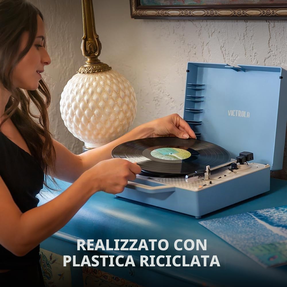 Victrola Re-Spin - Giradischi in vinile sostenibile a 3 velocità (33 1/3, 45 e 78 giri/min), giradischi Bluetooth con cinghia e radiatore per bassi integrato, jack per cuffie da 3,5 mm, verde basilico