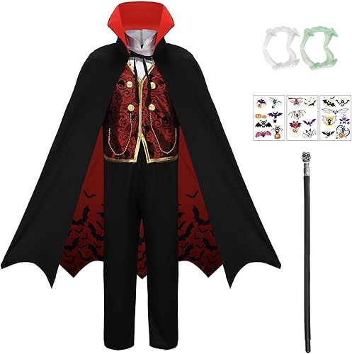 Disfraz de vampiro para niños, disfraz de Halloween gótico con accesorios de lujo, bastón que brilla en la oscuridad, adhesivo para dientes
