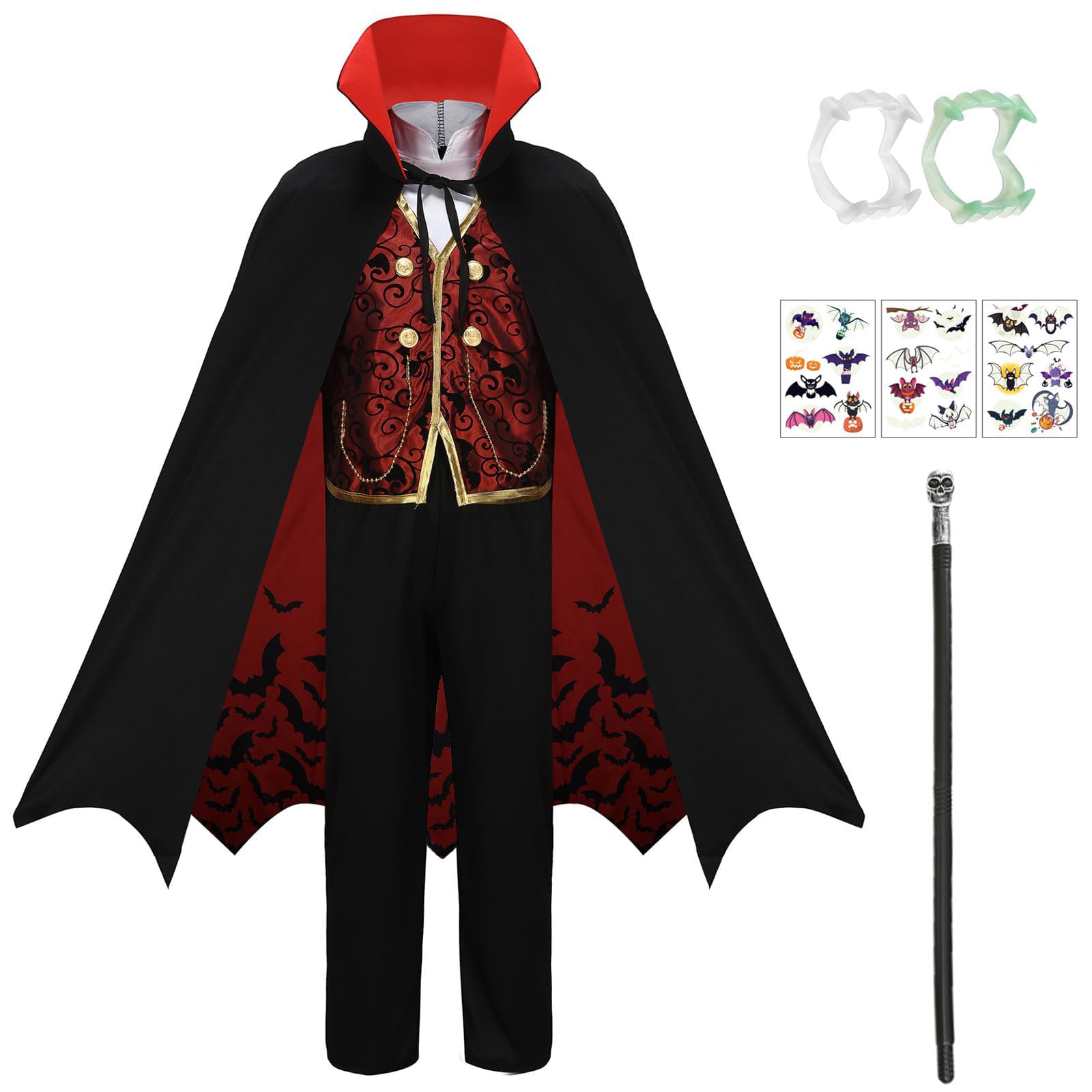 Disfraz de vampiro para niños, disfraz gótico de Halloween con accesorios de lujo, bastón que brilla en la oscuridad, dientes CA002XS
