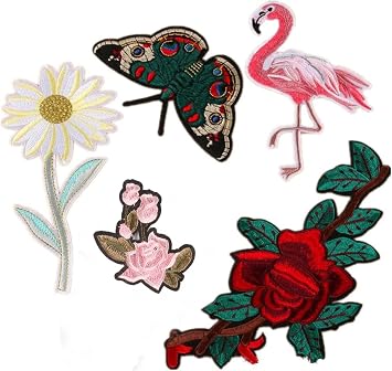 Extra Large Flamingo Rose Butterfly Daisy Tulip Flower Embroidered Patches Iron on Applique Motif Assorted