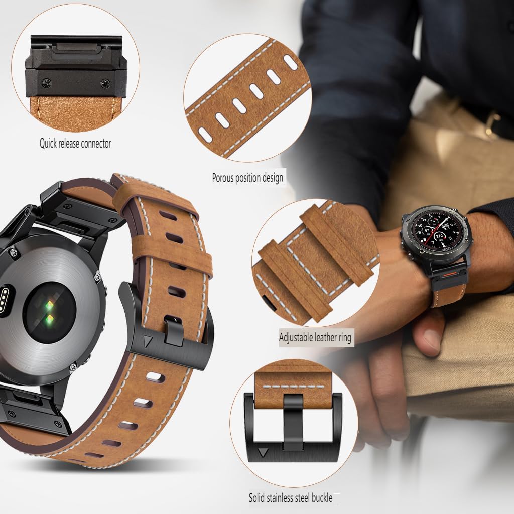 22mm & 26mm Watch Band for Garmin Fenix 8 47mm/51mm, Fenix 7/6/5, Fenix 7X/6X/5X, Epix Pro Gen 2 47mm/51mm, Forerunner 965/955/945, Genuine Leather Band for Instinct 2X, Tactix Delta/Enduro