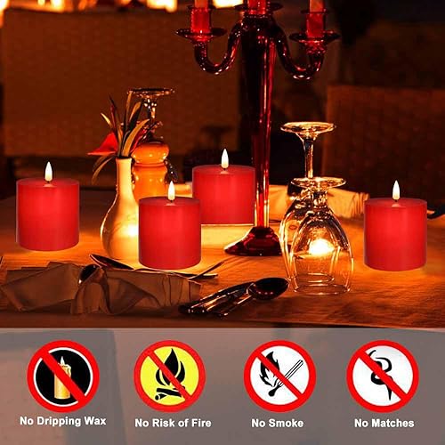 Miniatura 3 de Juego de 2 velas rojas sin llama (3 x 3 pulgadas), velas LED parpadeantes de cera real que funcionan con pilas con temporizador de control remoto
